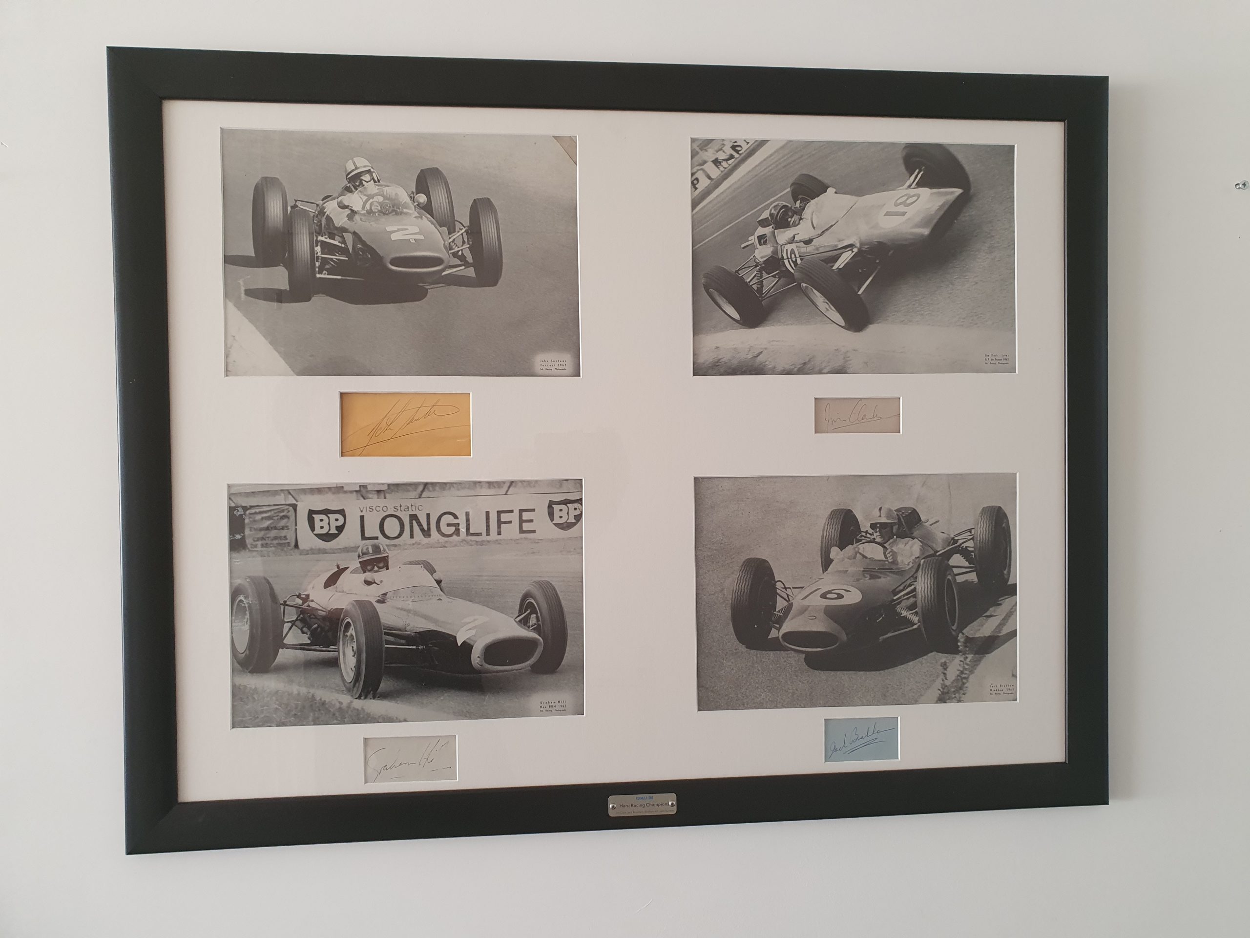 Jim Clark, Jack Brabham, John Surtees, Graham Hill autographs, signed display - Image 2