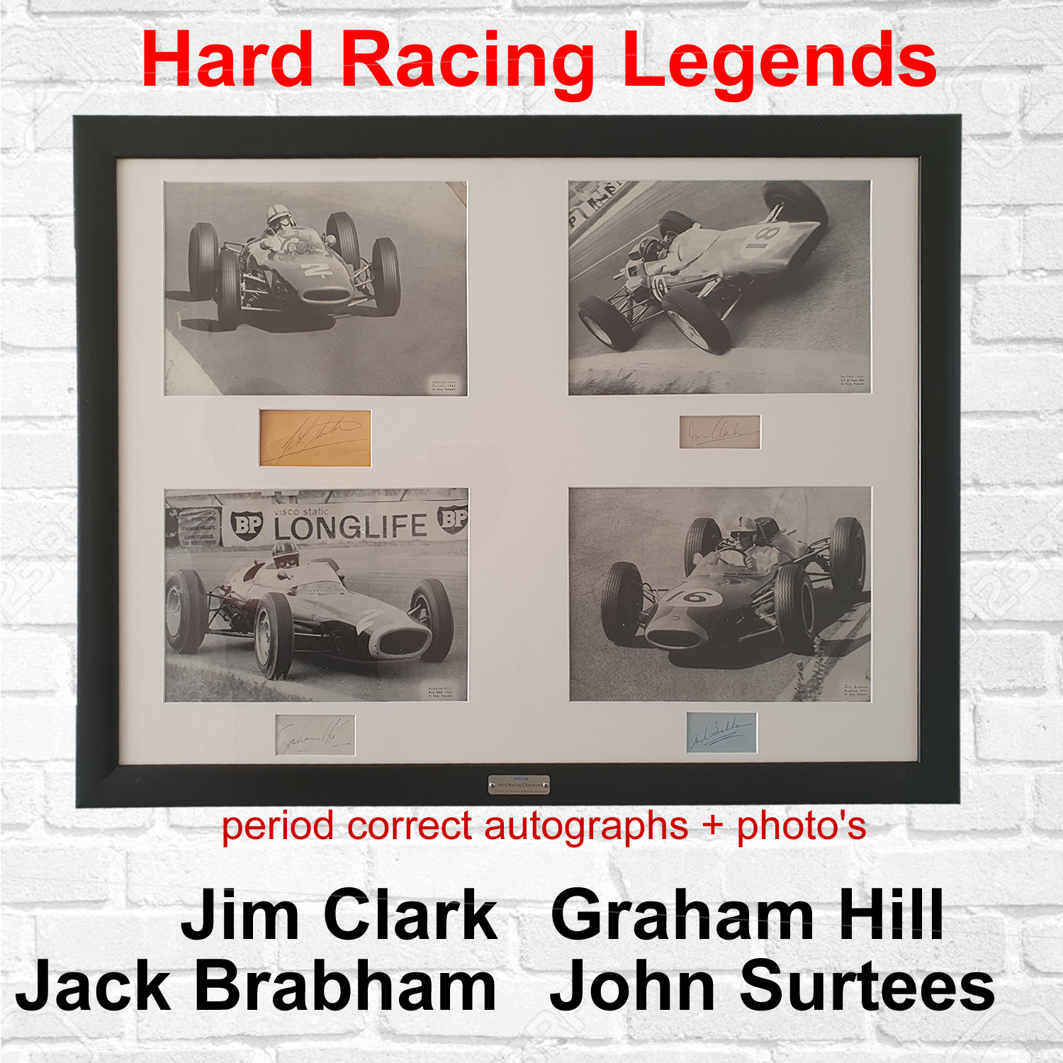 Jim Clark, Jack Brabham, John Surtees, Graham Hill autographs, signed display