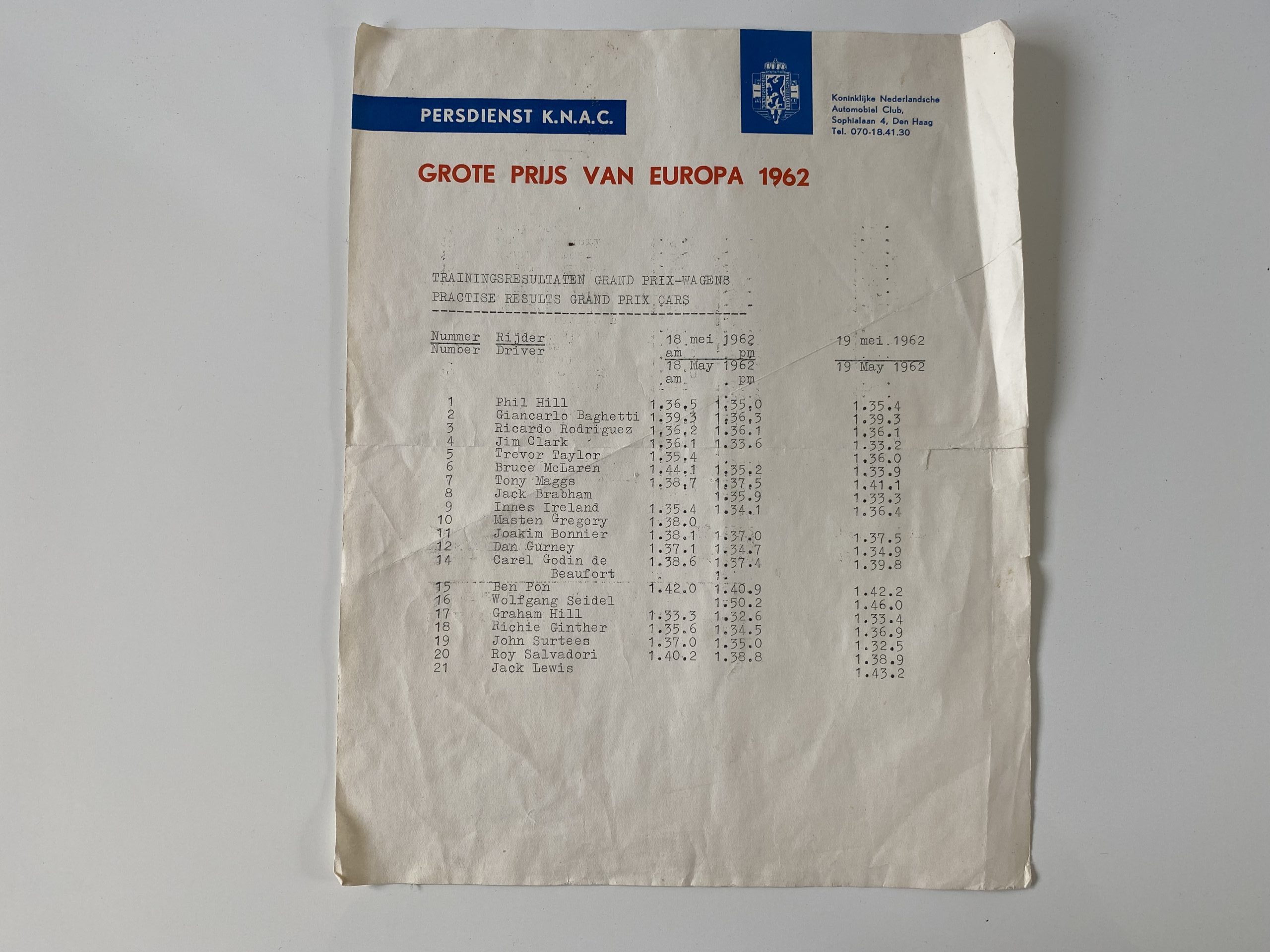 Dutch GP Zandvoort 1962 press release, vintage,