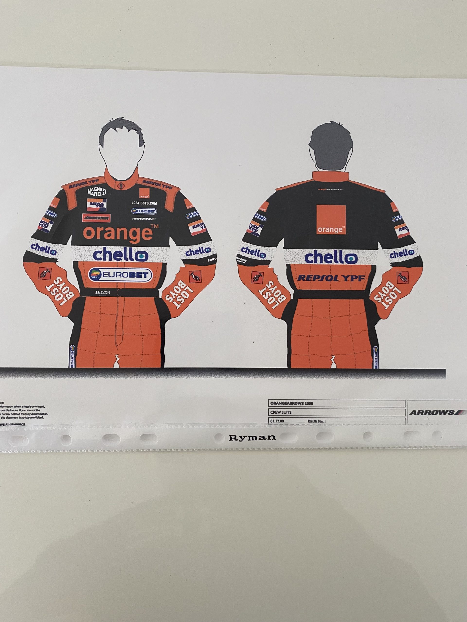 Arrows F1 design card, crew suits