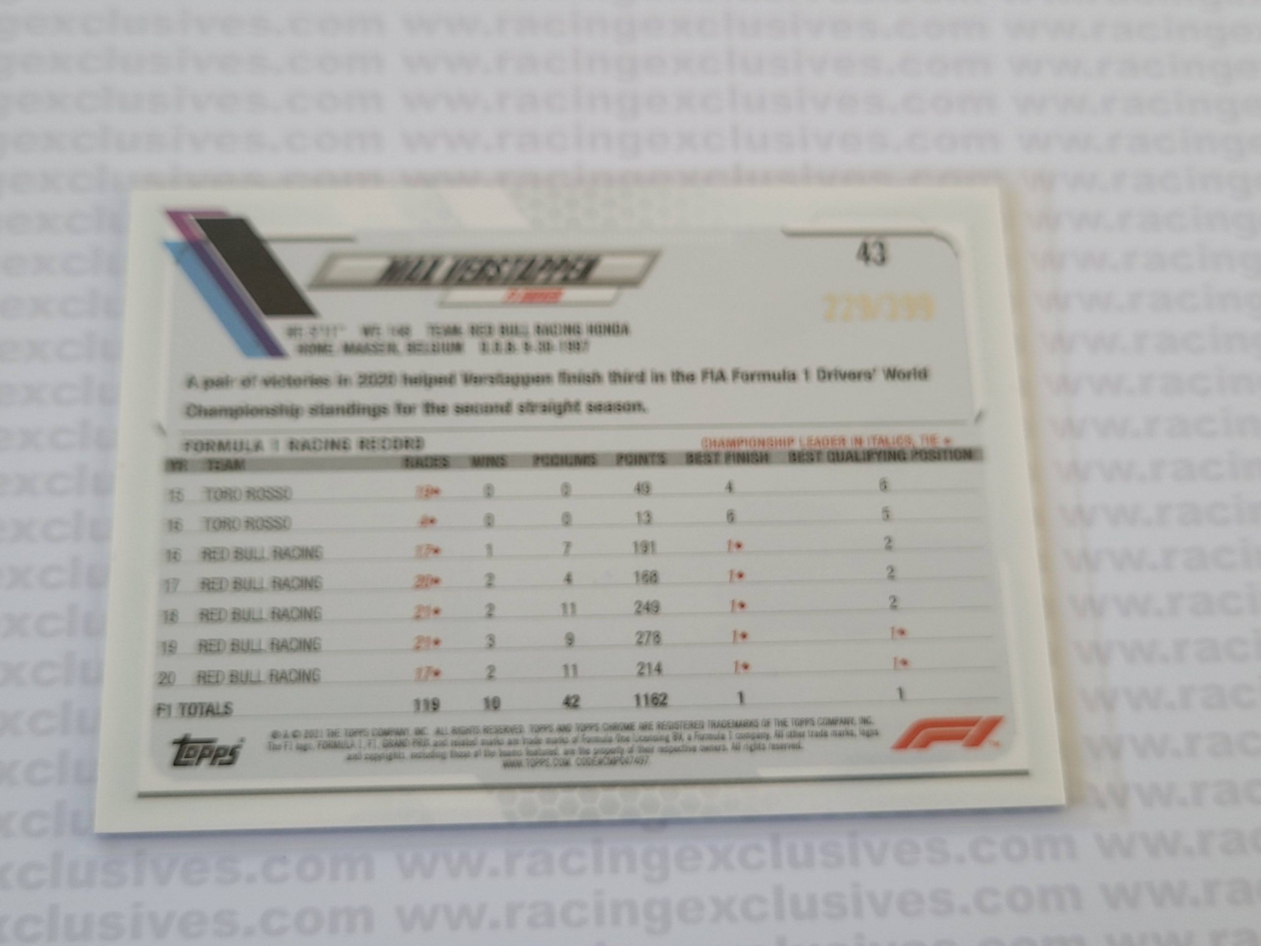 Max Verstappen – 2021 Topps F1 Chrome – #43 229/399 Purple - Image 3