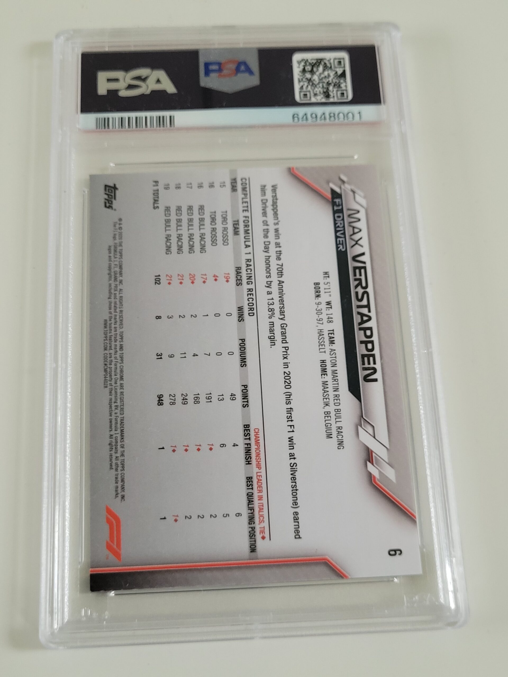 Max Verstappen – 2020 Topps F1 Chrome – Portrait #6 PSA10 - Image 3