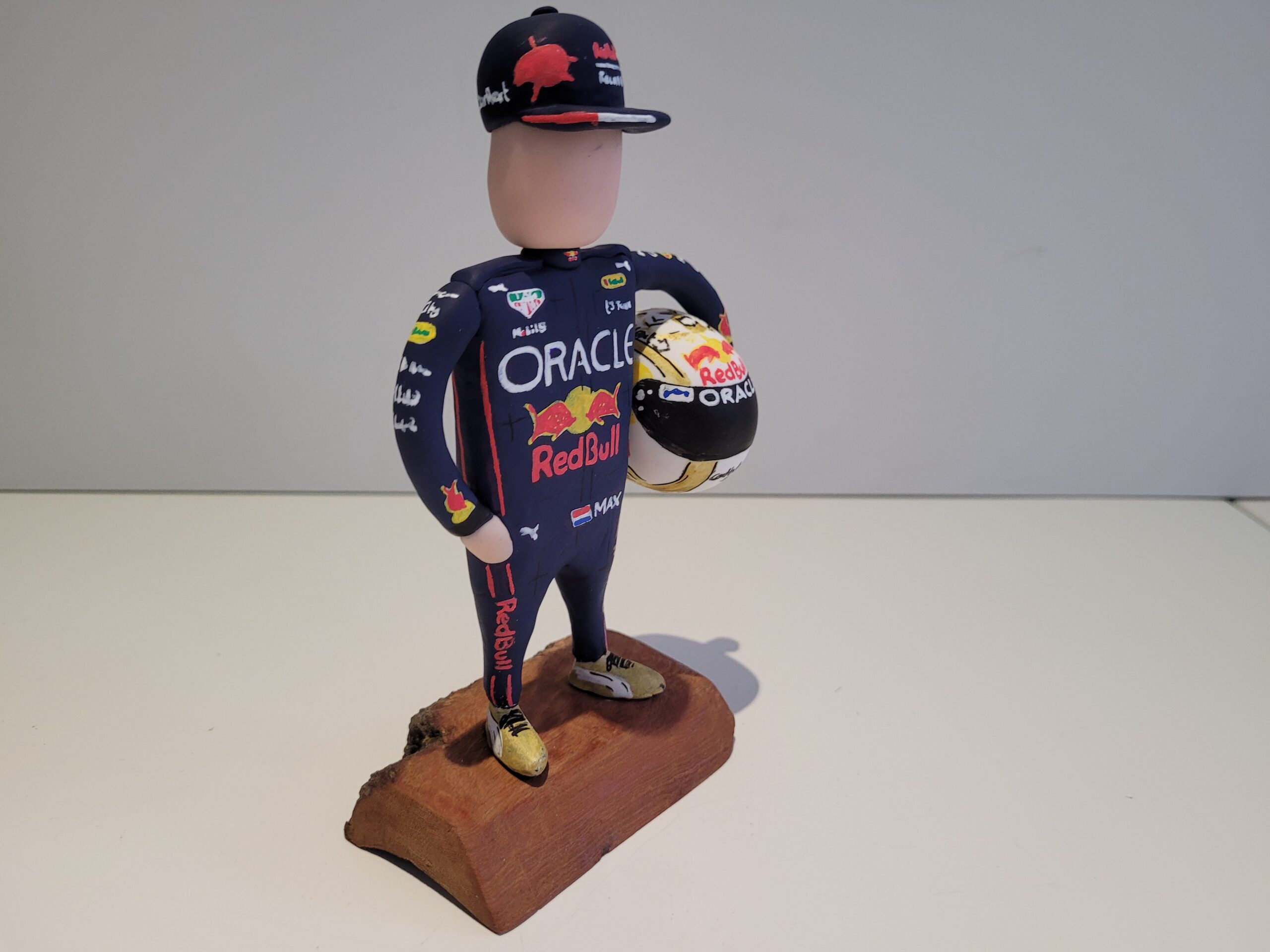 Max Verstappen hand made statue, wooden base