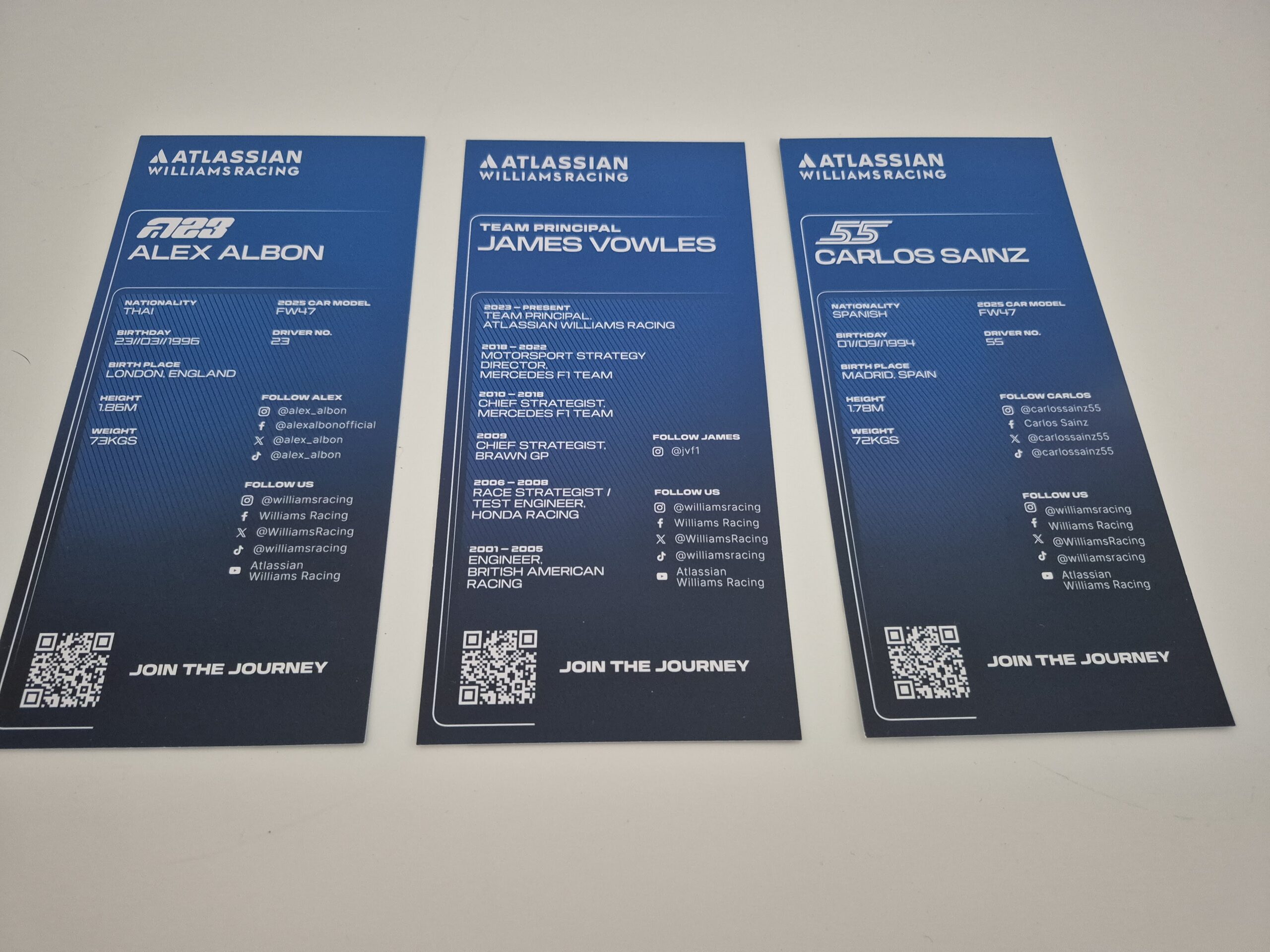 Williams F1 Team Driver Card Set – 2025 Season (Albon, Sainz, Vowles) - Image 3